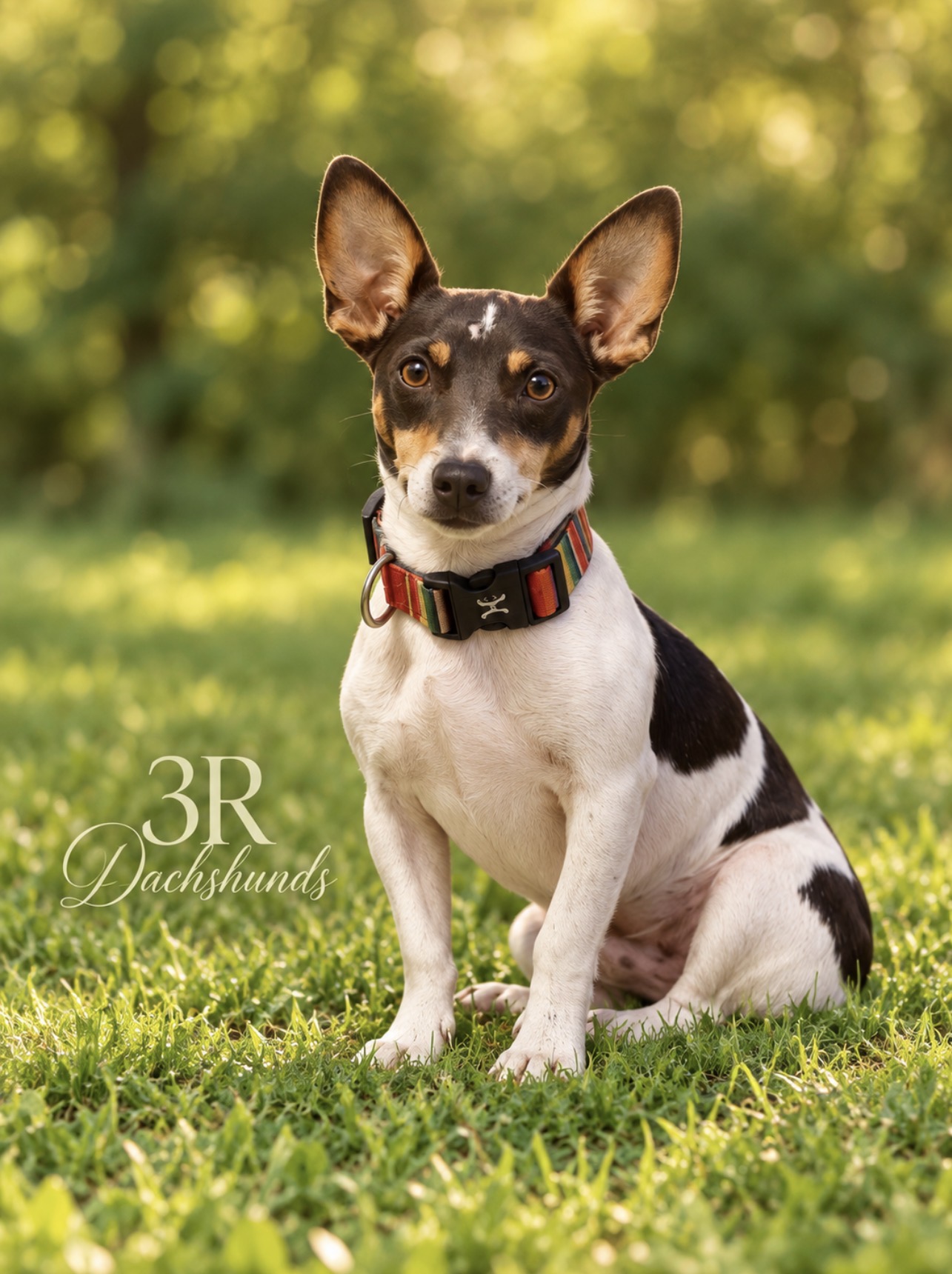 Murphy, a tricolor Teddy Roosevelt Terrier, sitting in the grass with his ears perked up